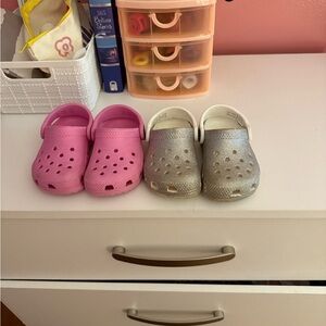 Toddler Pink and Silver Crocs